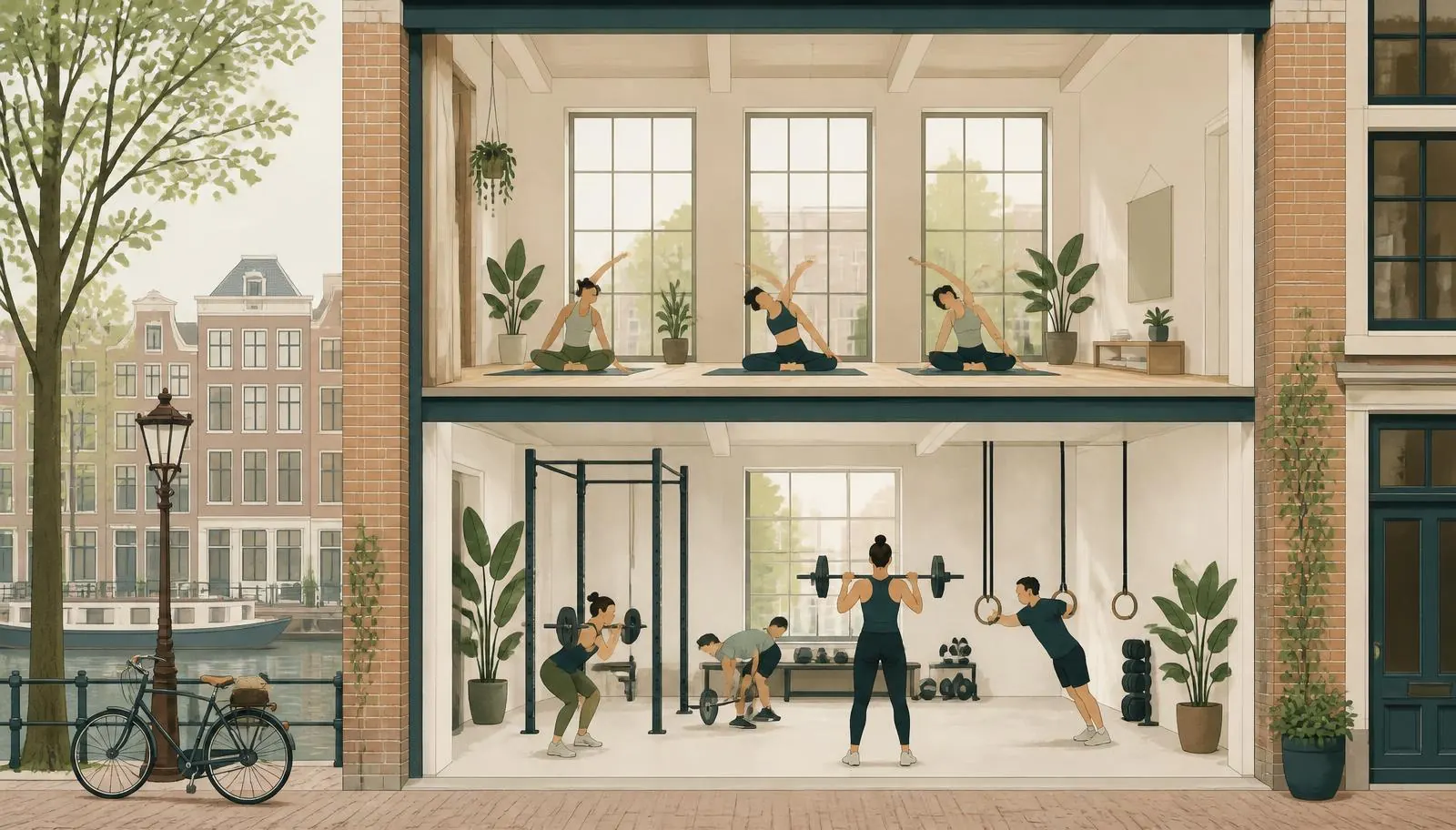 Illustration of one building in Amsterdam East: the CrossFit floor downstairs, the daylit yoga studio upstairs.