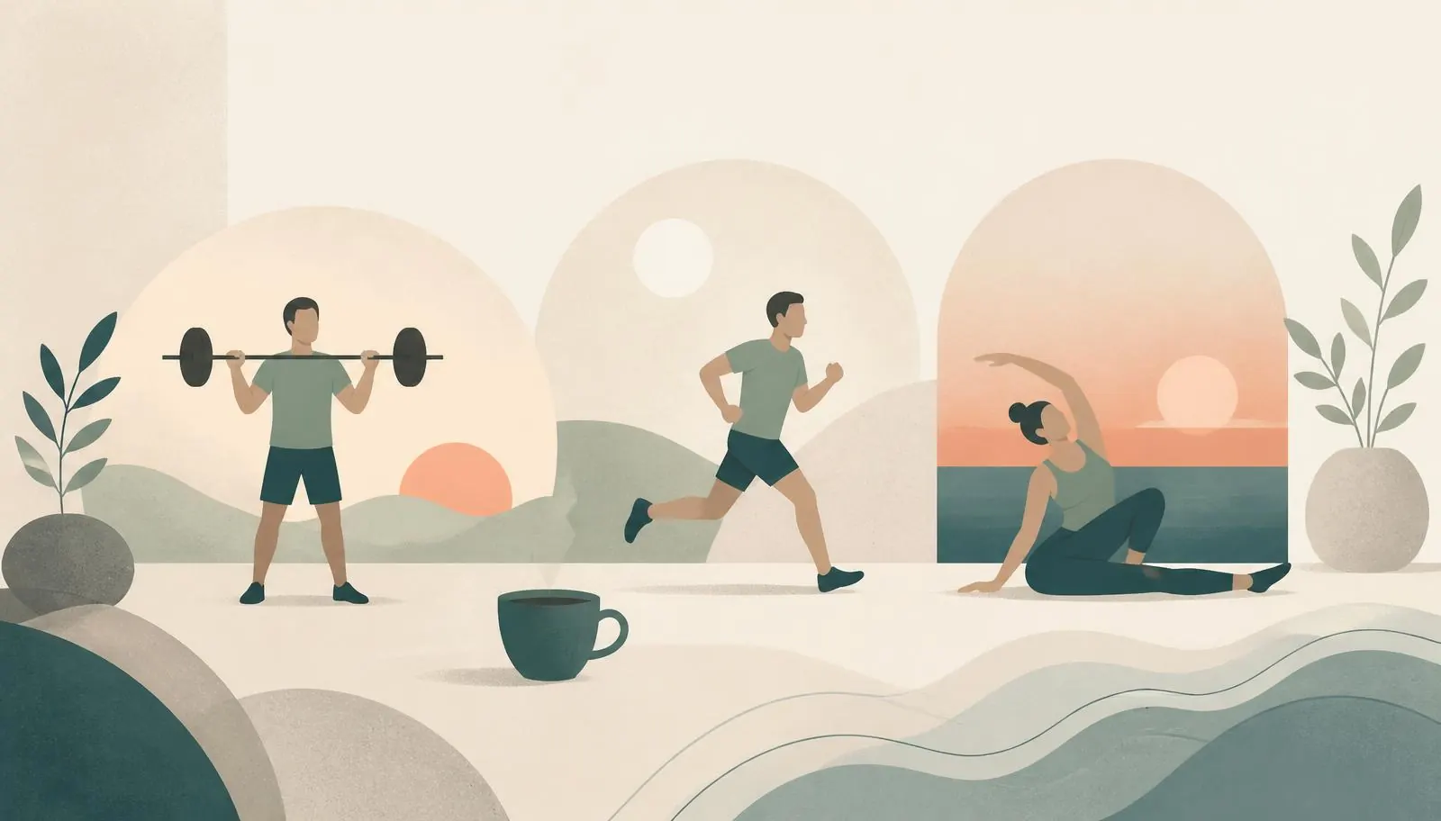 Illustration of a training week: strength work, running and a calm recovery moment beside a cup of coffee.
