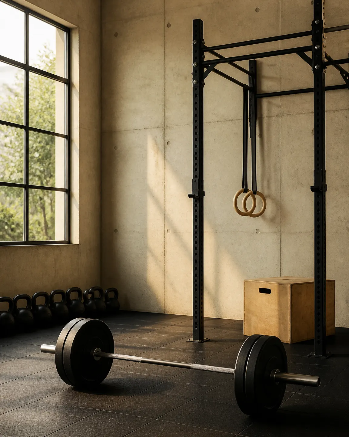 Een rustige hoek van de trainingsvloer in daglicht: betonnen wand, zwarte rubbervloer, een stalen rig met houten ringen, een barbell met bumperplates, kettlebells en een houten box.
