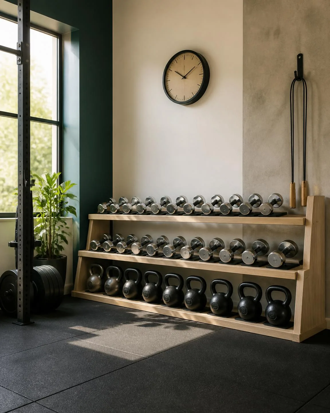 A corner of the training floor in daylight: a wooden rack with dumbbells and kettlebells, a jump rope on the wall, bumper plates by the rig and a clock above the rack.